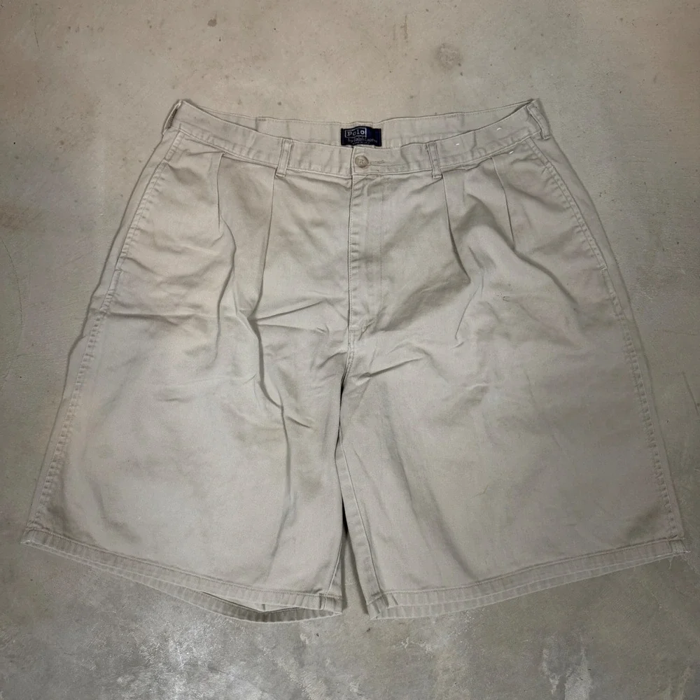Vintage 90s Polo Ralph Lauren Chino Shorts 36 Tan Pleated Made in USA 90s Khaki